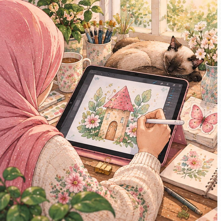 Illustrated view of an artist creating a sticker design on an iPad