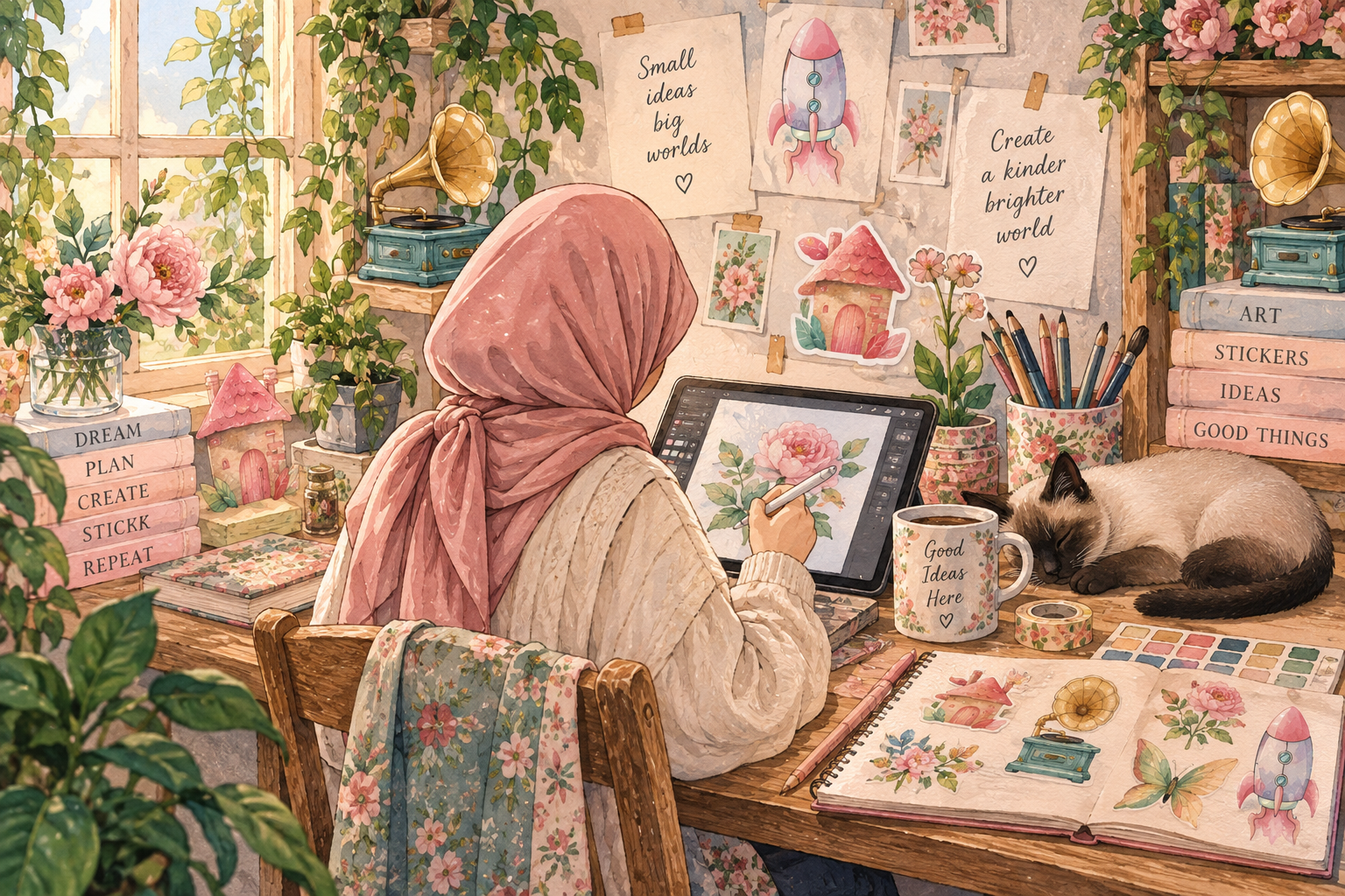Illustrated view from behind of the artist creating stickers
