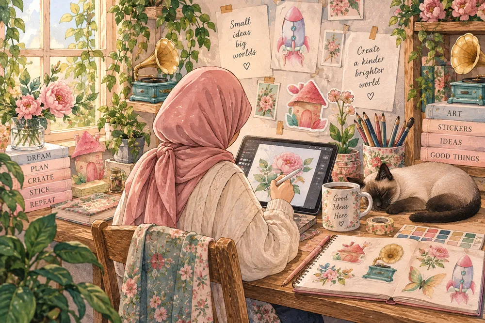 Illustrated view from behind of the artist creating stickers